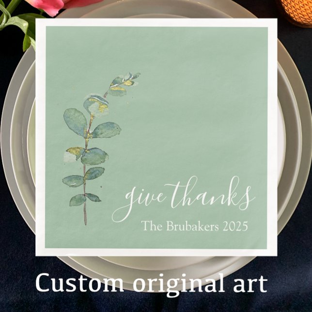 Serviette En Papier Eucalyptus Boho Personnalisé Remercier Thankgiving (Decorate your Thanksgiving table with my original eucalyptus watercolor and custom elegant script.)