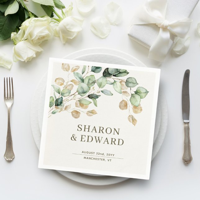 Serviette En Papier Eucalyptus Botanique Verdure & Mariage Gold Chic (Créateur téléchargé)