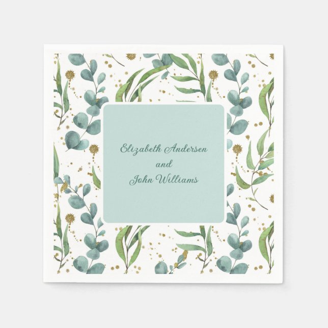 Serviette En Papier Eucalyptus Et Mariage Couple Or (Devant)