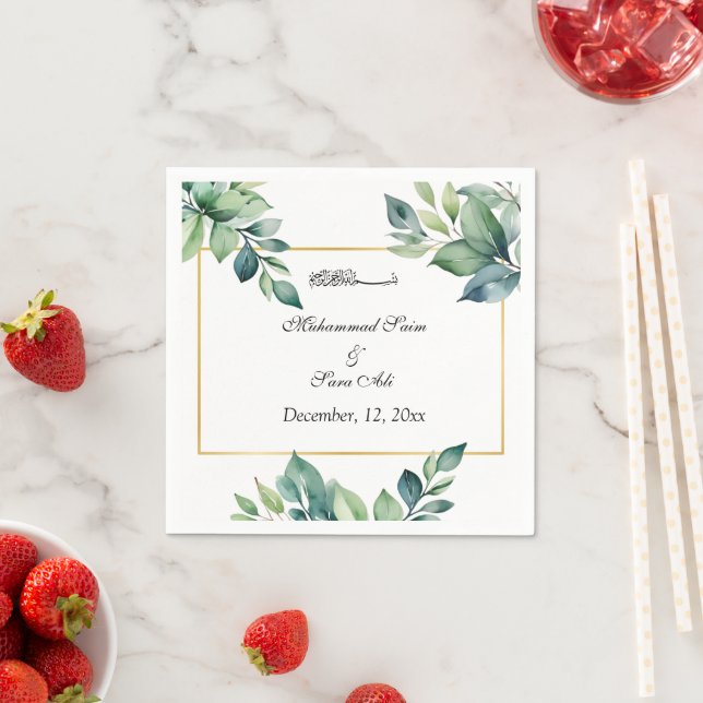 Serviette En Papier Eucalyptus Feuille musulman Faire-part de mariage (En situation)