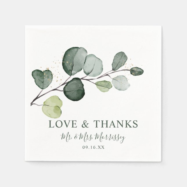 Serviette En Papier Eucalyptus Gold Splatter Amour et Merci (Devant)