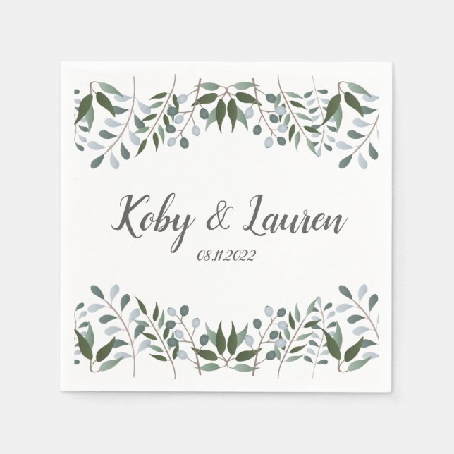 Serviette En Papier Eucalyptus Green Anniversaire Floral Date (Devant)