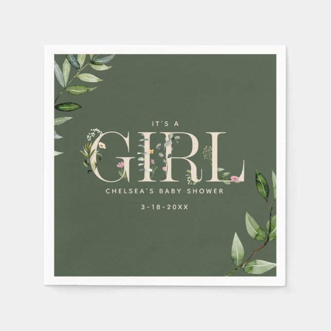 Serviette En Papier Eucalyptus Lettering Green Girl Baby shower (Devant)
