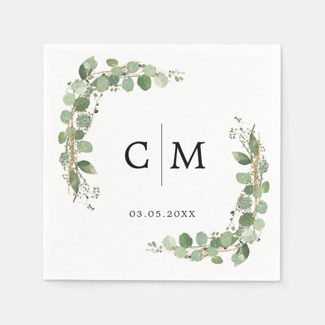 Serviette En Papier Eucalyptus Moderne Calligraphie Monogramme Mariage (Devant)