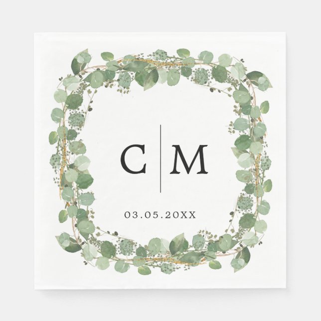 Serviette En Papier Eucalyptus Moderne Calligraphie Monogramme Mariage (Devant)