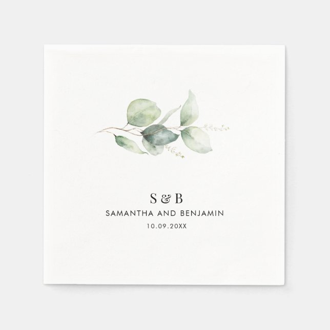 Serviette En Papier Eucalyptus Monogram M et Mme Names Papier Mariage (Devant)