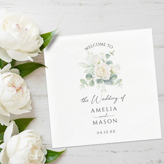 Serviette En Papier Eucalyptus Rose Floral White Paper Wedding  (Eucalyptus Rose Floral White Paper Wedding Napkins)