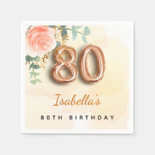 Serviette En Papier eucalyptus rose or fleuri nom 80e anniversaire