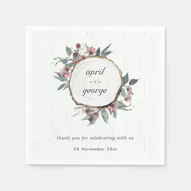 Serviette En Papier Eucalyptus rose sauvage en bois rustique Mariage (Devant)