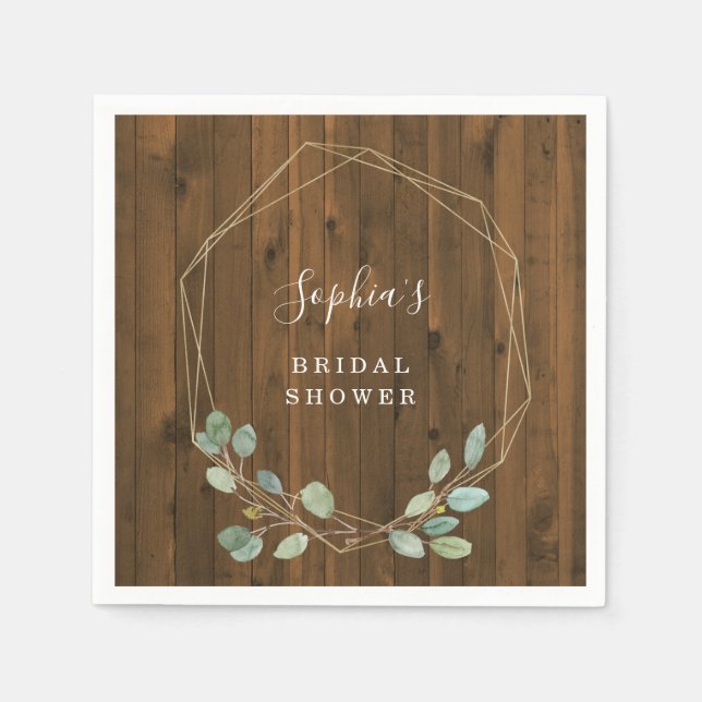 Serviette En Papier Eucalyptus Rustique | Douce Mariée Géométrique Or (Devant)