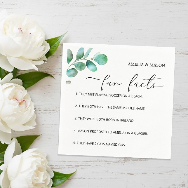 Serviette En Papier Eucalyptus Script Calligraphy Fun Facts Wedding (Eucalyptus Script Calligraphy Fun Facts Wedding Napkins)