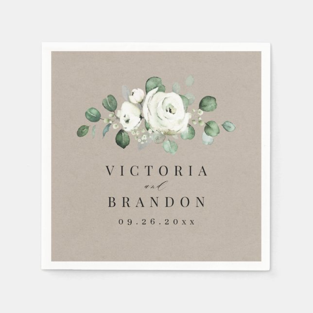 Serviette En Papier Eucalyptus Verdure blanc floral rustique mariage (Devant)