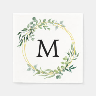 Serviette En Papier Eucalyptus Verdure Monogramme Mariage Vert Or