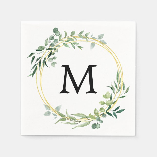 Serviette En Papier Eucalyptus Verdure Monogramme Mariage Vert Or (Devant)