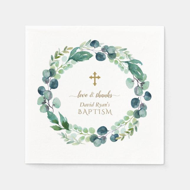Serviette En Papier Eucalyptus verdure Wreath Gold Cross Baptême (Devant)