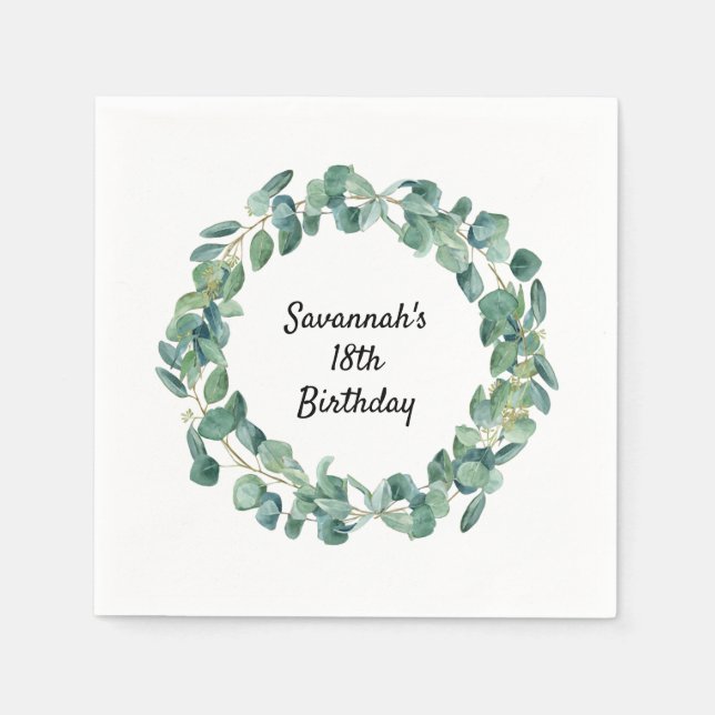 Serviette En Papier Eucalyptus vert nom de couronne script anniversair (Devant)