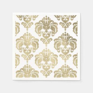 Serviette En Papier Événement de mariage vintage damassé or et blanc