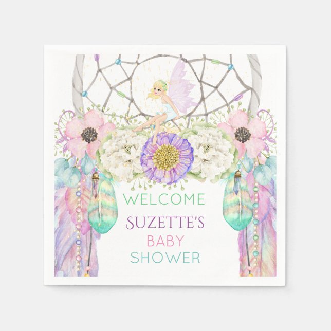 Serviette En Papier Fairy Dream Catcher Plumes Lavande Pink Mint (Devant)