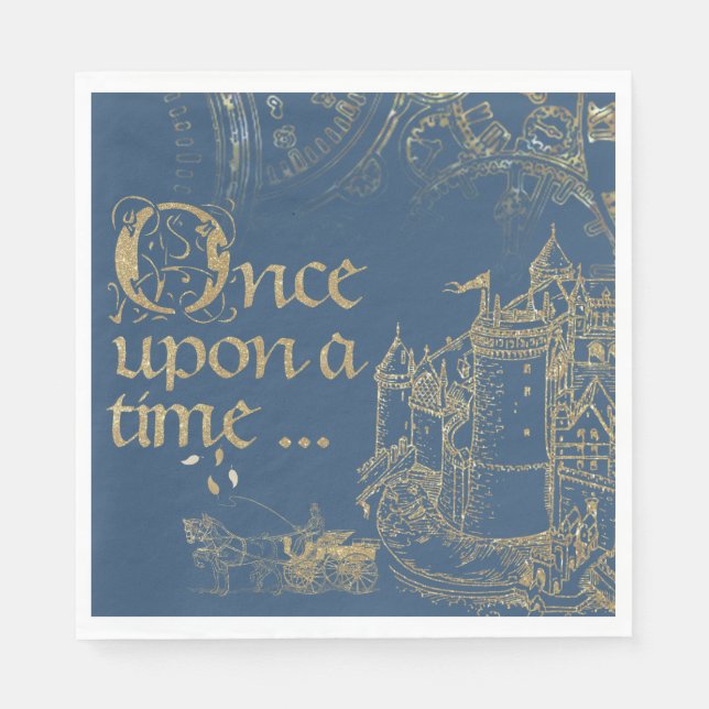 Serviette En Papier Fairy Tale Theme Castle Carriage Gold sur Navy Blu (Devant)