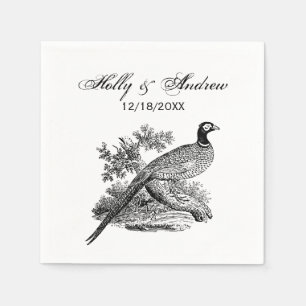 Serviette En Papier Faisan vintage sur une branche avec arbres dessin 