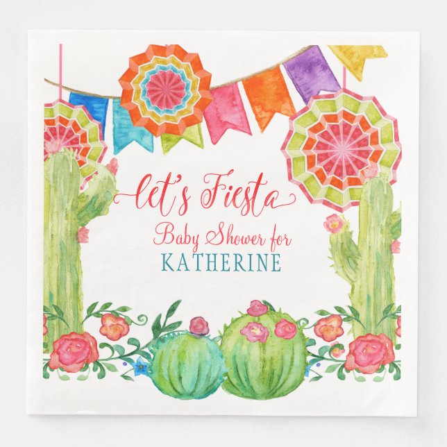 Serviette En Papier Faisons Fiesta Baby shower aquarelle Cactus Floral (Devant)