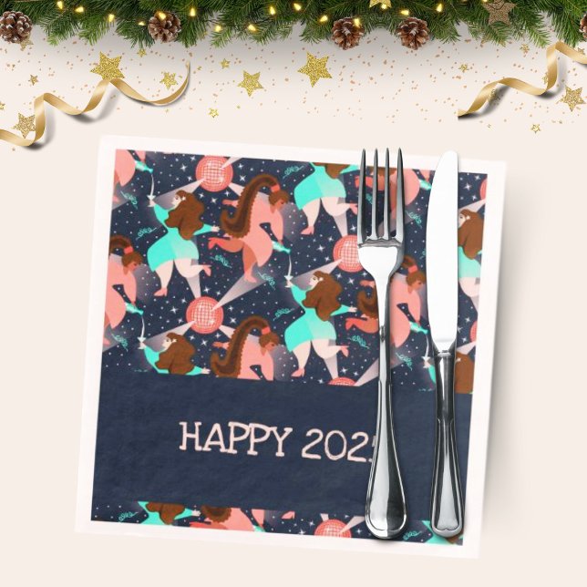 Serviette En Papier Faisons la fête ! nouvel an (New Year party napkin with dancing people, stars and champagne.)
