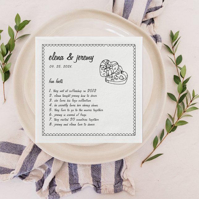Serviette En Papier Faits amusants Main Illustré Mariage Party Napkins (hand written fun facts wedding napkins)