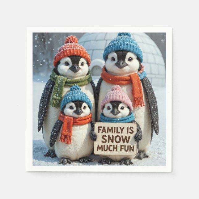 Serviette En Papier Famille De Pingouins Dans Les Snowflakes (Devant)