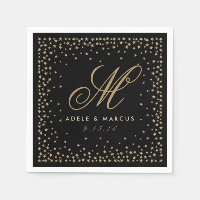 Serviette En Papier Fancy Gold Stars Monogramme Mariage noir serviette (Devant)