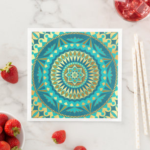 Serviette En Papier Fantaisie Mandala Or Bleu