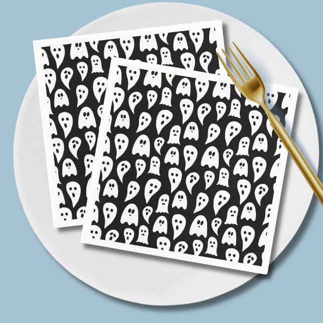 Serviette En Papier Fantôme d'Halloween (Black and white ghost pattern Halloween paper napkins)