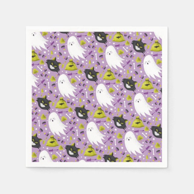 Serviette En Papier Fantôme d'Halloween et chats noirs (Devant)