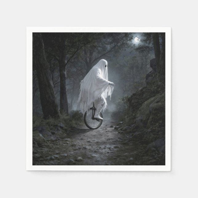 Serviette En Papier Fantôme faisant du monocycle dans une forêt inquié (Devant)