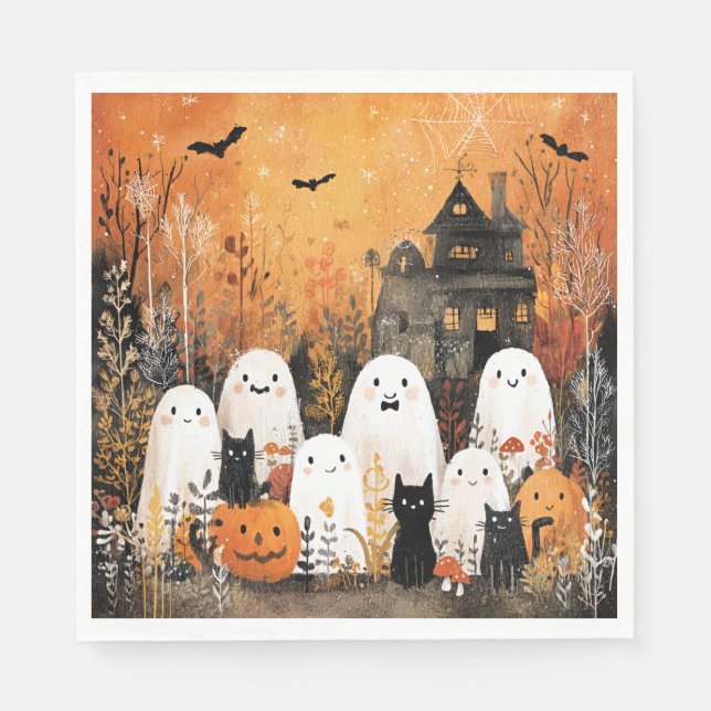 Serviette En Papier fantômes d'Halloween, chats noirs et chauves-souri (Devant)