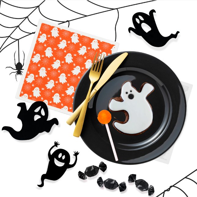 Serviette En Papier Fantômes mignons | Araignées | Spider Webs Hallowe (Cute Ghosts, Spiders and Spider Webs Halloween Orange and White Patterned Napkins)