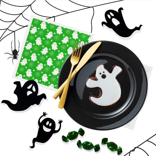 Serviette En Papier Fantômes mignons | Araignées | Spider Webs Hallowe (Cute Ghosts, Spiders and Spider Webs Halloween Green  and White Patterned Napkins)