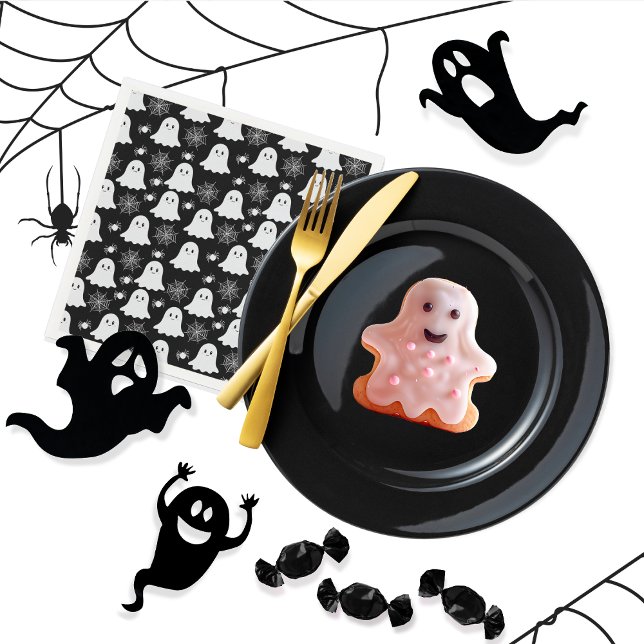 Serviette En Papier Fantômes mignons | Araignées | Spider Webs Hallowe (Cute Ghosts, Spiders and Spider Webs Halloween Black and White Patterned Paper Napkins)