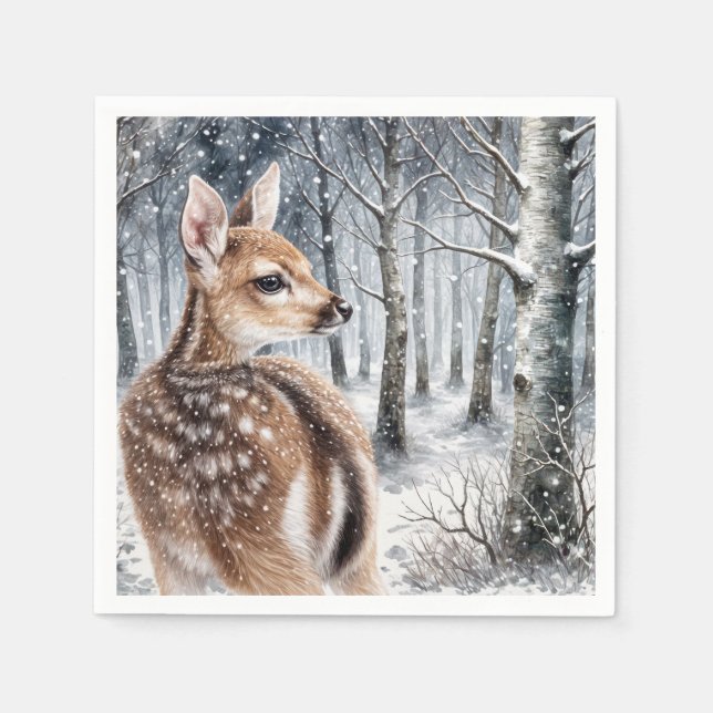 Serviette En Papier Faon de queue blanche en forêt hivernale (Devant)