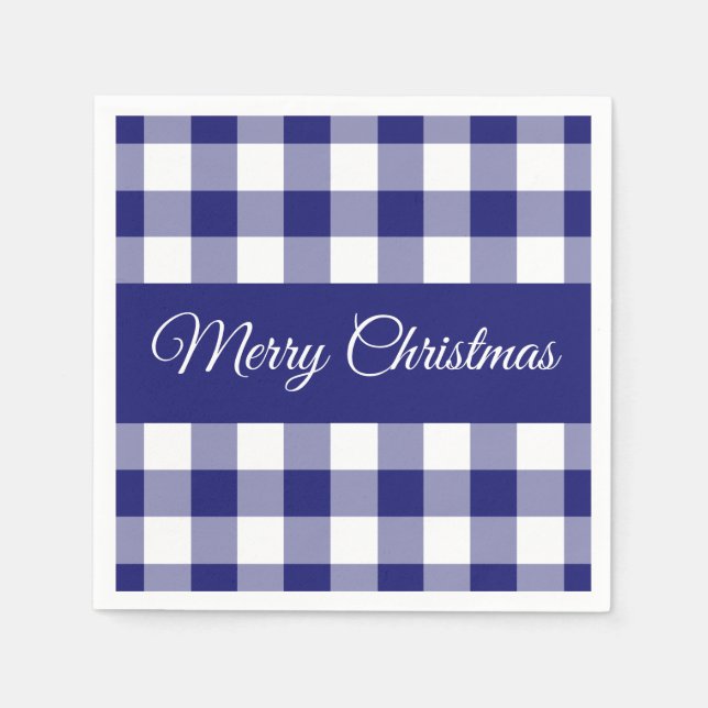 Serviette En Papier Farmhouse Blue Checks Joyeux Noël (Devant)