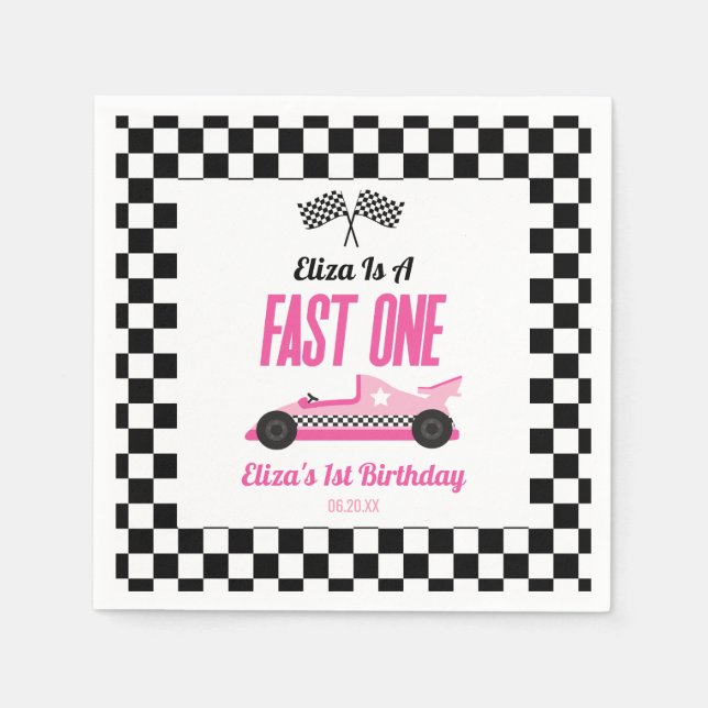 Serviette En Papier Fast One Pink Race Car Premier Anniversaire (Devant)