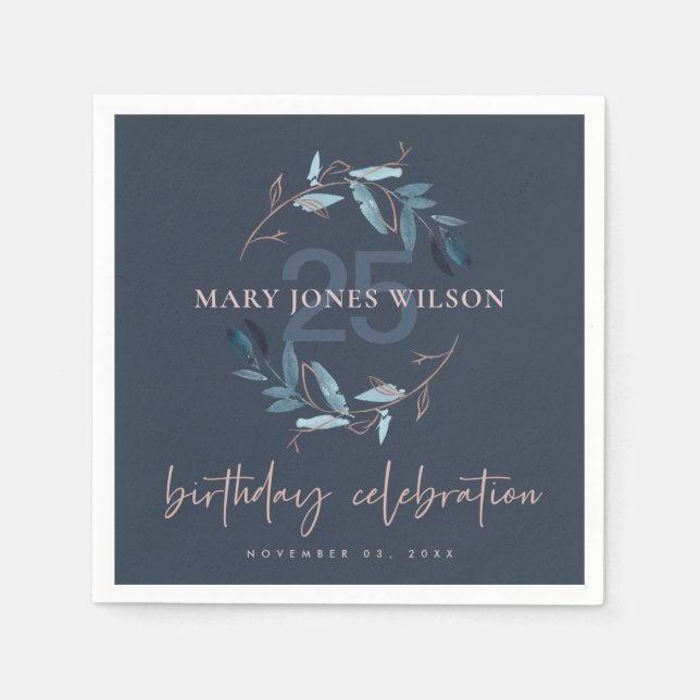 SERVIETTE EN PAPIER FAUNE ROSE BLEU MARINE WREATH TOUT ÂGE 25E ANNIVER (Devant)