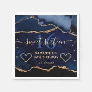 Serviette En Papier Faux agate bleu et or à paillettes pour Sweet 16