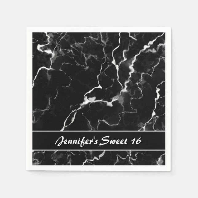 Serviette En Papier Faux Black Marbre Texture Look Sweet 16 Anniversai (Devant)