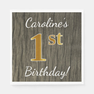 Serviette En Papier Faux Bois, Faux Or 1er Anniversaire + Nom personna