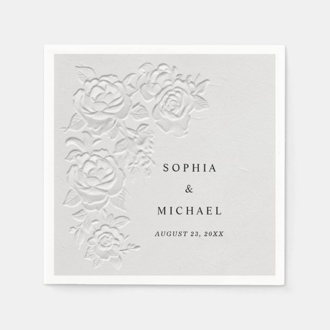 Serviette En Papier Faux Embossed White Roses Wedding Napkins (Devant)