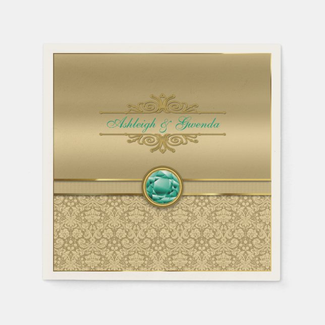 Serviette En Papier Faux Emerald Green Gemstone Metallic Gold Damask (Devant)