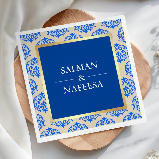 Serviette En Papier Faux Gold Foil Blue Mariage damassé (Créateur téléchargé)