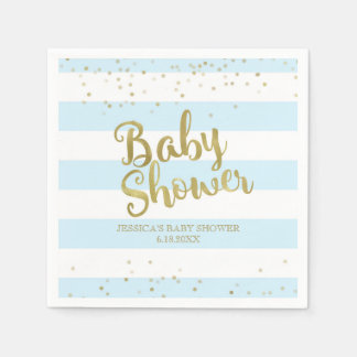 Serviette En Papier Faux Gold Foil, Blue Stripes Baby shower Garçon