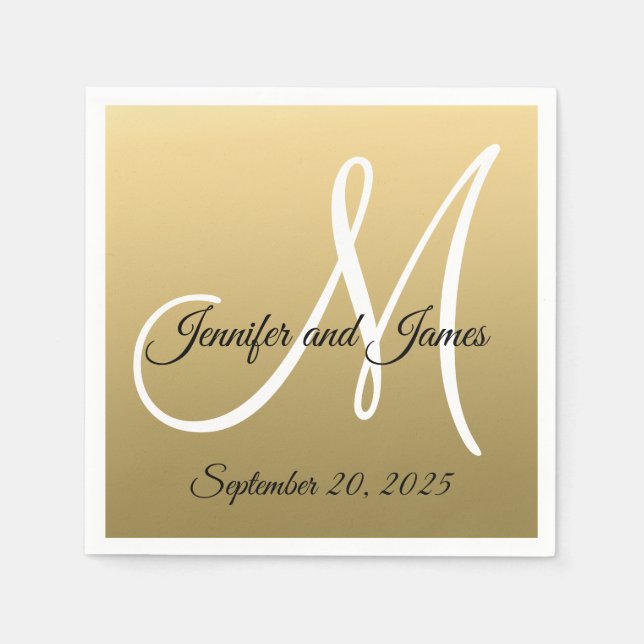 Serviette En Papier Faux Gold Foil Elegant Monogramme Noms Mariage (Devant)