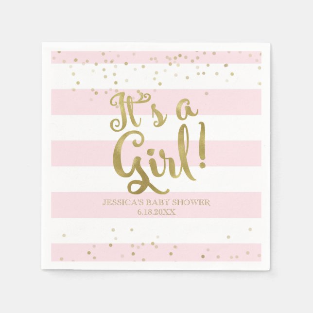 Serviette En Papier Faux Gold Foil Pink Stripes Baby shower C'est une  (Devant)